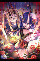  2girls :d bad_id bad_pixiv_id bamboo_screen beret black-framed_eyewear black_kimono black_legwear blonde_hair bow camellia choker closed_mouth collarbone commentary_request facial_mark fate/grand_order fate_(series) floral_print flower glasses hair_between_eyes hair_ornament hair_scrunchie hairbow hat horns ibaraki_douji_(dress_for_demons)_(fate) ibaraki_douji_(fate) japanese_clothes kimono long_hair long_sleeves looking_at_viewer masu mini_hat multiple_girls obi oerba_yun_fang oni open_mouth pink_kimono print_kimono purple_eyes purple_hair purple_scrunchie red_bow red_choker red_flower round_eyewear sash scrunchie semi-rimless_eyewear shide shuten_douji_(dress_for_demons)_(fate) shuten_douji_(fate) skin-covered_horns smile thighhighs twintails under-rim_eyewear very_long_hair white_flower white_hat yellow_eyes yunohito 