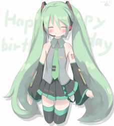  bad_id bad_pixiv_id blush closed_eyes commentary_request detached_sleeves facing_viewer female flat_chest green_hair happy_birthday hatsune_miku headphones highres long_hair mille necktie skirt smile solo thighhighs twintails very_long_hair vocaloid 