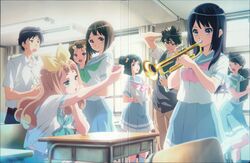  2boys 6+girls :d :o absurdres ankle_socks aqua_neckerchief crease desk dress_shirt extra from_side glasses green_neckerchief hair_bobbles hair_ornament hair_ribbon hand_on_own_head heart heart_hair_ornament hibike!_euphonium highres ikeda_shouko instrument kabe_tomoe kasano_sana kitauji_high_school_uniform kneehighs kousaka_reina long_hair looking_at_viewer midriff_peek mole mole_under_eye multiple_boys multiple_girls nakaseko_kaori neckerchief official_art one_side_up open_mouth paper pink_neckerchief ribbon scan school_desk school_uniform serafuku shirt short_hair short_sleeves sitting smile socks taki_noboru takino_jun&#039;ichi trumpet white_legwear window yoshikawa_yuuko yoshizawa_akiko 