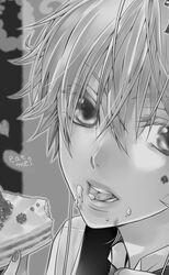  1boy eating food food_in_mouth food_on_face hakuseki kagamine_len lolicon male male_focus monochrome portrait solo vocaloid 