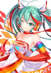  &gt;:) ;) ajigo armpits bare_shoulders choker closed_mouth clothes_writing collarbone commentary company_name elbow_gloves female gloves goodsmile_company goodsmile_racing green_eyes green_hair hatsune_miku headphones index_finger_raised long_hair one_eye_closed orange_gloves race_queen racing_miku racing_miku_(2016) smile solo twintails v-shaped_eyebrows vocaloid 