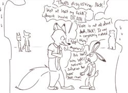  2017 anthro black_and_white canid canine clothed clothing dialogue disney english_text female fox giraffe giraffid group judy_hopps lagomorph leporid male mammal monochrome nick_wilde rabbit red_fox simple_background speech_bubble text true_fox visiti zootopia 