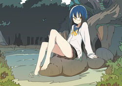  absurdres barefoot black_hair blue_hair bural_chingu cardigan commentary female full_body hair_between_eyes highres ju_hyeon-mi korean_commentary long_hair luke_(dydansgur) original pleated_skirt school_uniform serafuku skirt solo tree yellow_eyes 