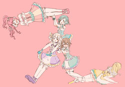  &gt;_&lt; ._. 5girls aqua_dress aqua_eyes aqua_ribbon bang_dream! blonde_hair blush bow bowtie braid brown_hair carrying choker commentary_request detached_sleeves dress frills hair_ribbon hikawa_hina itomugi-kun leaning letter_pose long_hair lying maruyama_aya multiple_girls on_side pastel_palettes_(bang_dream!) pink_background pink_bow pink_bowtie pink_choker pink_dress pink_footwear pink_hair purple_choker purple_dress purple_footwear ribbon shirasagi_chisato short_hair shoulder_carry standing thighhighs twin_braids twintails v-shaped_eyebrows wakamiya_eve wavy_mouth white_footwear white_hair white_legwear white_ribbon wrist_ribbon yamato_maya yellow_dress 