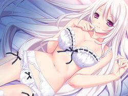  bed_sheet bow bow_bra bow_panties bra breasts female game_cg garter_belt highres kamiya_maneki large_breasts long_hair lying navel noblesse_oblige on_back panties red_eyes smile solo tenkawa_yuria underwear underwear_only white_bra white_hair white_panties white_theme 