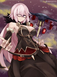  bangs banned_artist bare_shoulders black-framed_eyewear breasts brown_shirt cleavage closed_mouth commentary_request cosplay dark_skin detached_sleeves electricity eyebrows_visible_through_hair fate/apocrypha fate/grand_order fate_(series) fur_collar glasses hair_over_one_eye large_breasts long_hair long_sleeves looking_at_viewer mash_kyrielight pink_hair purple_eyes semiramis_(fate) semiramis_(fate)_(cosplay) shirt sidelocks solo spikes tasora twitter_username very_long_hair 