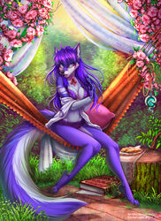  2018 anthro barefoot biped black_nose blue_eyes bra canid canine clothing day detailed_background digital_media_(artwork) feet female hair lucia_(grey_wolf_570) mammal midriff navel outside purple_hair sitting solo sorafoxyteils tail underwear 