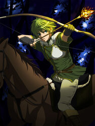  1boy arrow belt boots bow dark fingerless_gloves fire fire_emblem firing forest gloves gordon_(fire_emblem) green_eyes green_hair horse jacket knee3 lolicon male male_focus nature night outdoors riding shooting short_hair sky solo tree 