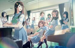  6+girls :d \o/ absurdres aqua_neckerchief arms_up blue_legwear book braid clenched_hands crease crossed_arms curtains drill_hair extra from_side green_neckerchief hair_brush hair_ornament heart heart_hair_ornament hibike!_euphonium highres himegami_kotoko ikeda_shouko inoue_shirabe kitauji_high_school_uniform kneehighs long_hair looking_to_the_side matsumoto_michie mihara_kyouko multiple_girls nakano_tsubomi neckerchief oda_meiko official_art open_book open_mouth outstretched_arms own_hands_together pink_neckerchief ponytail scan school_uniform serafuku shoes short_hair short_sleeves short_twintails side_braid sitting smile socks souga_yoriko standing takahashi_sari twin_drills twintails uwabaki watanabe_tsune wavy_hair white_legwear window 