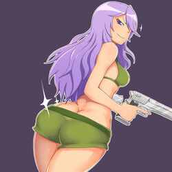  ass bikini commentary_request controller desert_eagle female green_bikini gun hair_over_one_eye handgun long_hair looking_back nimennsai ootori_miou purple_eyes purple_hair sabagebu! smile solo sparkle swimsuit trigger_discipline weapon 