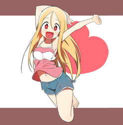  absurdres barefoot blonde_hair bural_chingu commentary female full_body highres jumping korean_commentary lee_ji-min long_hair looking_at_viewer luke_(dydansgur) midriff navel open_mouth original red_eyes shorts smile solo tank_top 