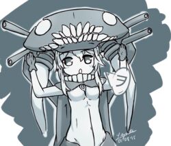  abyssal_ship bodysuit cape chibi commentary female gloves grey_hair hat kantai_collection long_hair lynte open_mouth pale_skin sound_effects_only translated wo-class_aircraft_carrier 