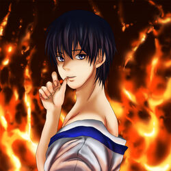  1boy black_hair blue_eyes fire gag_manga_biyori kawai_sora knee3 lolicon long_nails looking_at_viewer male male_focus portrait short_hair solo 