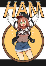  absurdres baseball_cap blush blush_stickers braid breasts brown_hair bural_chingu character_name commentary denim denim_skirt female green_eyes ham_na-bi hat highres huge_breasts jacket korean_commentary low_twin_braids luke_(dydansgur) open_mouth original short_braid skirt smile solo twin_braids twintails 