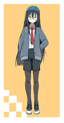  absurdres black_hair black_pantyhose blush bural_chingu cardigan commentary female full_body glasses hair_between_eyes highres ju_hyeon-mi korean_commentary long_hair looking_at_viewer luke_(dydansgur) necktie original pantyhose pencil_skirt red-framed_eyewear shirt shoes skirt sneakers solo very_long_hair yellow_eyes 