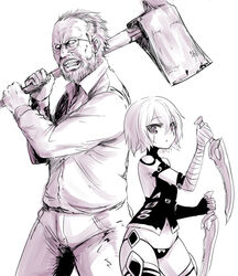  1boy axe bare_shoulders beard commentary_request crossover facial_hair fate/apocrypha fate_(series) female glasses jack_baker jack_the_ripper_(fate/apocrypha) looking_at_viewer monochrome name_connection navel okamura_(okamura086) panties resident_evil resident_evil_7:_biohazard scar short_hair underwear weapon white_background 