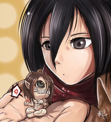  black_eyes black_hair brown_hair colossal_titan commentary_request cporing female green_eyes hands highres mikasa_ackerman pointy_ears rogue_titan role_reversal scarf shingeki_no_kyojin teeth titan_(shingeki_no_kyojin) 