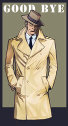  1boy coat commentary_request ebba english_text fedora formal hands_in_pockets hat lupin_iii male_focus naya_gorou necktie photoshop_(medium) solo suit trench_coat zenigata_kouichi 