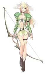  blonde_hair blue_eyes bow_(weapon) breasts bridal_garter cleavage cleavage_cutout clothing_cutout dress elbow_gloves elf elwing feathers female frills gloves hairband head_wings long_hair long_legs looking_at_viewer medium_breasts pointy_ears shining_(series) shining_tears smile solo thighs tony_taka weapon wings 