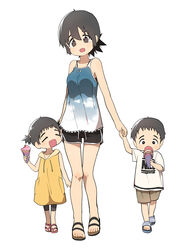  1boy 2girls absurdres blush brother_and_sister bural_chingu commentary food full_body highres holding_hands ice_cream korean_commentary luke_(dydansgur) multiple_girls original sandals seong_mi-na_(bural_chingu) short_hair shorts siblings simple_background sisters tank_top tareme white_background 