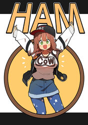  absurdres baseball_cap blush blush_stickers braid breasts brown_hair bural_chingu character_name commentary denim denim_skirt female green_eyes ham_na-bi hat highres huge_breasts jacket korean_commentary low_twin_braids luke_(dydansgur) open_mouth original pantyhose print_pantyhose short_braid skirt smile solo star_(symbol) star_print twin_braids twintails 