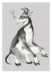  2009 2_toes 4_fingers anthro biped border cloven_hooves countershade_arms countershade_face countershade_legs countershade_tail countershade_torso countershading crouching ears_back fangs feet fingers forked_horn frown full-length_portrait fur graphite_(artwork) grey_background greyscale hooved_fingers hooves horn looking_away looking_back male mammal monochrome multicolored_body multicolored_fur nude pecs pivoted_ears portrait protoceratid sabertooth_(anatomy) short_tail side_view simple_background snout solo synthetoceras tail teeth toes traditional_media_(artwork) two_tone_body two_tone_fur two_tone_tail varcolaroux white_border 