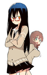  2girls absurdres black_hair black_skirt breasts brown_hair bural_chingu can&#039;t_be_this_cute cardigan commentary crossed_arms glasses green_hair hair_between_eyes ham_na-bi highres ju_hyeon-mi korean_commentary large_breasts looking_at_viewer low_twintails luke_(dydansgur) multiple_girls necktie open_mouth ore_no_imouto_ga_konna_ni_kawaii_wake_ga_nai parody pleated_skirt red-framed_eyewear school_uniform simple_background skirt smile twintails vest white_background yellow_eyes 