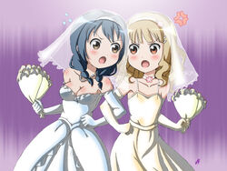  2girls :o anger_vein angry arguing bare_shoulders blonde_hair blue_hair bouquet braid breasts bridal_veil bride brown_eyes collarbone commentary_request dress elbow_gloves flat_chest flower furutani_himawari gloves hair_ornament hairclip highres locked_arms multiple_girls mutual_tsundere oerba_yun_fang oomuro_sakurako open_mouth tsundere twin_braids v-shaped_eyebrows veil vzmk2 wedding wedding_dress wife_and_wife yuri yuru_yuri 