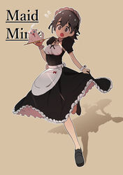  absurdres alternate_costume apron blush brown_eyes brown_hair bural_chingu commentary enmaided eyebrows female frills full_body highres korean_commentary luke_(dydansgur) maid maid_apron maid_headdress original puffy_short_sleeves puffy_sleeves seong_mi-na_(bural_chingu) short_hair short_sleeves simple_background skirt_hold solo tareme tray waist_apron wrist_cuffs 