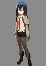  absurdres belt black_hair black_pantyhose blush boots bural_chingu commentary cosplay female full_body glasses hair_between_eyes highres jacket ju_hyeon-mi korean_commentary long_hair luke_(dydansgur) makise_kurisu makise_kurisu_(cosplay) necktie original pantyhose pantyhose_under_shorts red-framed_eyewear red_necktie shorts simple_background solo steins;gate 