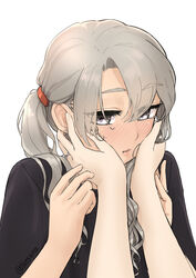  2girls alternate_hairstyle blush commentary_request earrings eyes_visible_through_hair fingernails grey_eyes grey_hair hair_between_eyes hands_on_another&#039;s_cheeks hands_on_another&#039;s_face hands_up highres jewelry kantai_collection long_hair looking_away looking_down looking_to_the_side maikaze_(kancolle) multiple_girls nose_blush nowaki_(kancolle) ring side_ponytail simple_background stud_earrings twitter_username upper_body wavy_hair wedding_ring white_background yotsura 