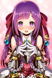  arianna_caledonia armor bad_id bad_pixiv_id bare_shoulders blush bonnou-s-rice female fingers_together gloves hair_ribbon long_hair looking_at_viewer open_mouth purple_eyes purple_hair ribbon sekaiju_no_meikyuu shin_sekaiju_no_meikyuu_2 solo steepled_fingers white_gloves 