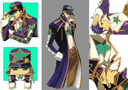  1boy aged_up bad_id bad_pixiv_id blue_hair chains chibi green_eyes hat jojo_no_kimyou_na_bouken kujo_jotaro multiple_views photoshop_(medium) reference_sheet star_(symbol) tktg unworn_hat unworn_headwear 