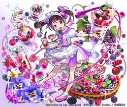  :d ankle_socks apron blackberry_(fruit) blueberry bow cake chocolate_syrup commentary_request cranberry cup dessert drink drinking_glass drinking_straw female flower food fruit full_body glass grapes holding holding_tray ice_cream kaekae looking_at_viewer maid_headdress mint neckerchief official_art open_mouth outstretched_arm pansy parfait pink_footwear puffy_short_sleeves puffy_sleeves purple_bow purple_neckerchief purple_skirt raspberry short_sleeves short_twintails shoumetsu_toshi shoumetsu_toshi_2 skirt smile socks solo sparkle spoon standing star_(symbol) strawberry striped syrup tart_(food) tray twintails waitress watermark white_socks wrist_cuffs 