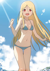  :d absurdres bikini blonde_hair blue_bikini breasts bural_chingu commentary female from_below hair_between_eyes highres korean_commentary lee_ji-min long_hair looking_at_viewer luke_(dydansgur) navel open_mouth original parted_bangs red_eyes small_breasts smile solo swimsuit thigh_gap water 