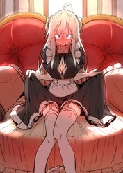  @_@ absurdres ahoge black_dress blonde_hair blue_eyes blush breasts bural_chingu center_opening cleavage commentary dress female garter_straps highres korean_commentary large_breasts luke_(dydansgur) original park_noah sitting skirt_hold solo sweatdrop thighhighs torn_clothes torn_thighhighs two_side_up wavy_mouth white_thighhighs 