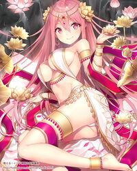  anklet arm_support armlet ass bad_id bad_pixiv_id bangle bare_shoulders barefoot bed_sheet blush bracelet breasts circlet commentary_request earrings feet_out_of_frame female flower gem hair_between_eyes hair_flower hair_ornament holding holding_flower jewelry kagachi_saku large_breasts long_hair looking_at_viewer lotus lying moeru!_jiten navel official_art on_side petals pink_flower pink_hair pink_ribbon revealing_clothes ribbon shiny_skin single_earring solo stomach thigh_strap translation_request underboob very_long_hair watermark web_address yellow_flower 