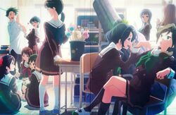  1boy 6+girls :d ;d absurdres blue_legwear blue_neckerchief bow bucket chair crease crossed_legs curtains desk dress_shirt drumsticks extra from_side glasses green_bow green_neckerchief hairbow hibike!_euphonium highres ikeda_shouko inoue_junna instrument_case kamaya_tsubame kayama_saki kitamura_raina kitauji_high_school_uniform kneehighs looking_back multiple_girls neckerchief official_art oka_mikino on_floor one_eye_closed oono_miyoko open_mouth pants ponytail profile red_bow red_neckerchief sakai_masako scan school_desk school_uniform serafuku shelf shirt shoes short_hair sitting smile socks tanabe_narai uwabaki white_legwear window yoroizuka_mizore yoshikawa_yuuko 