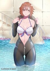  :t ass_visible_through_thighs bikini bodysuit breasts brown_eyes brown_hair cleavage commentary_request cowboy_shot diving_suit female genm7 grand_blue kotegawa_chisa large_breasts looking_at_viewer navel short_hair solo swimsuit thigh_gap wading wetsuit 