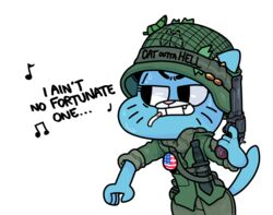  2017 alpha_channel american_flag anthro armor bad_trigger_discipline blue_body blue_fur bodily_fluids camo cartoon_network cigarette clothing creedence_clearwater_revival digital_media_(artwork) discount-supervillain domestic_cat duo ellipsis english_text explosives eyelashes fangs felid feline felis female frown fur grenade gun handgun headgear helmet knife mammal mature_anthro mature_female military military_uniform music nicole_watterson peace_symbol ranged_weapon revolver singing smoking soldier standing sweat teeth text the_amazing_world_of_gumball uniform united_states_of_america vietnam_war warrior weapon whiskers 