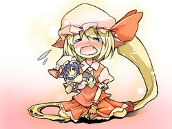  absurdly_long_hair ascot bat_wings blonde_hair blush_stickers character_doll commentary_request crying female flandre_scarlet hat long_hair o_o oerba_yun_fang remilia_scarlet sitting tears tenko_(gintenko) touhou very_long_hair wariza wings 