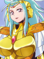  armor blue_hair breasts commentary_request eyelashes female gemini_paradox gold_armor gold_saint large_breasts long_hair looking_at_viewer oimanji purple_eyes saint_seiya saint_seiya_omega solo 