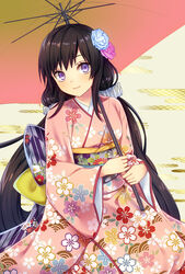  blue_flower blush bow brown_hair chrysanthemum_print closed_mouth commentary_request egasumi female floral_print flower hair_flower hair_ornament head_tilt holding holding_umbrella japanese_clothes kimono large_bow long_hair long_sleeves looking_at_viewer low_twintails nengajou new_year obi original partial_commentary pink_flower pink_kimono print_kimono purple_eyes sash seigaiha seiza sitting smile solo subaru_(hz) twintails umbrella very_long_hair wide_sleeves yagasuri 