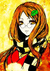  brown_hair checkered commentary_request female futatsuiwa_mamizou futatsuiwa_mamizou_(human) glasses japanese_clothes kido_(choushouya) leaf long_hair painting_(medium) pince-nez scarf smile touhou traditional_media upper_body watercolor_(medium) yellow_background yellow_eyes 