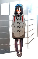  absurdres black_hair black_skirt blush bural_chingu coat commentary female full_body glasses hair_between_eyes highres ju_hyeon-mi korean_commentary long_hair luke_(dydansgur) necktie original red-framed_eyewear school_uniform skirt solo 