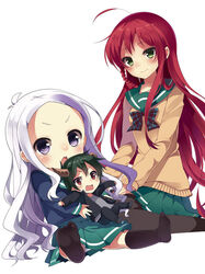  1boy 2girls ahoge arras_ramus black_hair braid commentary_request green_eyes hataraku_maou-sama! horns lolicon long_hair maou_sadao mishima_kurone multiple_girls official_art purple_eyes red_eyes red_hair silver_hair spoilers yusa_emi 