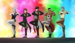  5boys bad_id bad_pixiv_id chains dark-skinned_male dark_skin gakuran hat jean_pierre_polnareff jojo_no_kimyou_na_bouken joseph_joestar joseph_joestar_(old) kakyoin_noriaki kujo_jotaro mohammed_avdol morphin_e multiple_boys school_uniform standing stardust_crusaders 