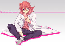  1boy bad_id bad_pixiv_id blue_eyes cellphone commentary_request denpa_kyoushi english_text engrish_text glasses kagami_jun&#039;ichirou male_focus phone ranguage red_hair saigi sitting solo 