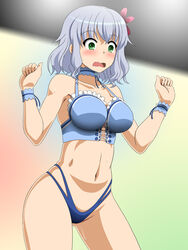  amagi_brilliant_park blue_hair breasts bustier commentary_request embarrassed female green_eyes highres hiraizumi_(mugenkidousha) large_breasts muse_(amaburi) navel open_mouth short_hair solo wavy_mouth 