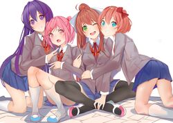  4girls ;d arm_hug blue_skirt bow brown_hair cheek-to-cheek commentary crossed_legs d: doki_doki_literature_club english_commentary eyes_visible_through_hair green_eyes grey_jacket hair_between_eyes hair_ornament hair_ribbon hairbow hairclip hand_on_another&#039;s_shoulder heads_together highres jacket kneehighs kneeling long_hair looking_at_viewer monika_(doki_doki_literature_club) multiple_girls natsuki_(doki_doki_literature_club) oerba_yun_fang one_eye_closed open_mouth pink_eyes pink_hair pleated_skirt ponytail purple_eyes purple_hair red_bow ribbon sayori_(doki_doki_literature_club) school_uniform shoes short_hair simple_background sitting skirt smile socks two_side_up uwabaki v v-shaped_eyebrows very_long_hair white_background white_ribbon white_socks xhunzei yuri_(doki_doki_literature_club) 